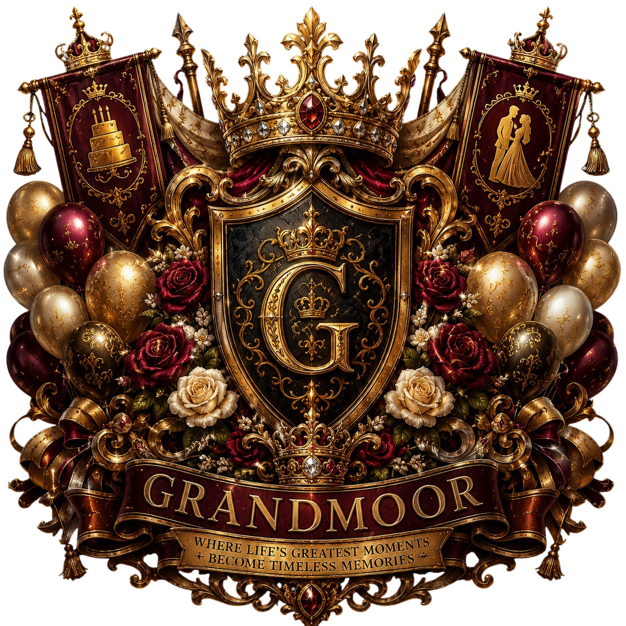 Ornate gold and red crest with crown, balloons, roses, and banner reading Grandmoor and a timeless memories quote.