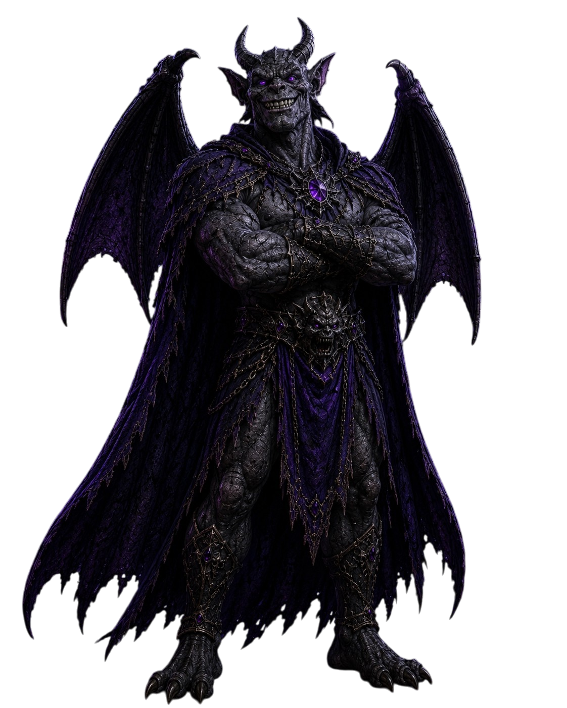 Dark stone gargoyle with purple eyes and wings wearing a purple tattered cloak and armor.