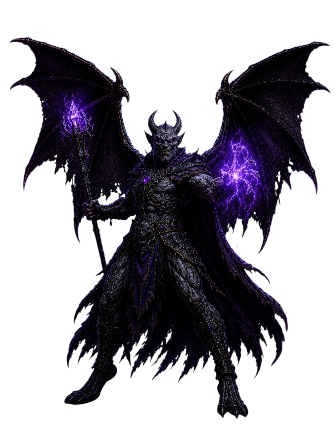 Dark winged demon with glowing purple eyes, staff, and magical purple energy in hand.
