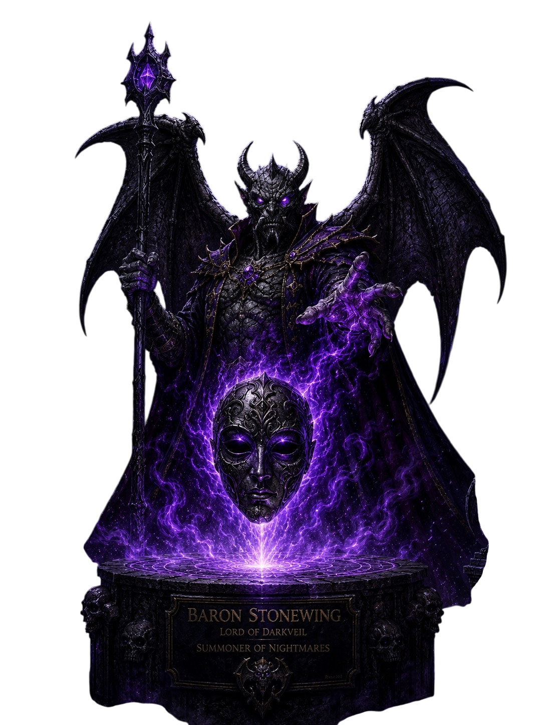 Demonic figure with wings and staff summoning a glowing purple face above a stone pedestal with inscription.