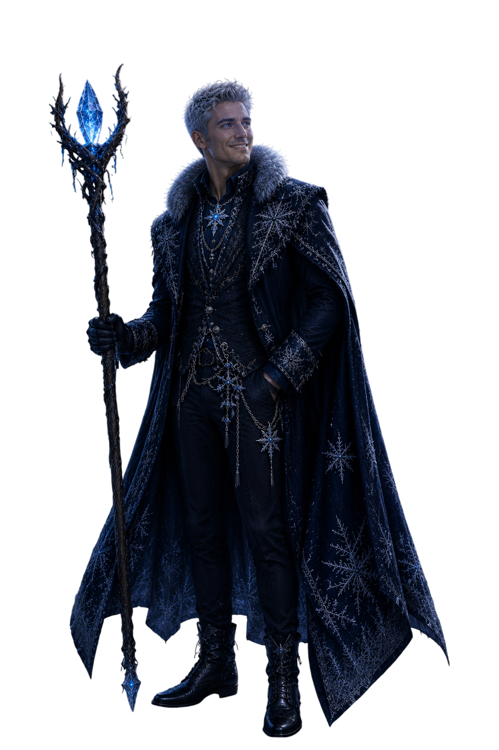 Man with silver hair in dark snowflake cloak holding a glowing icy staff and smiling.