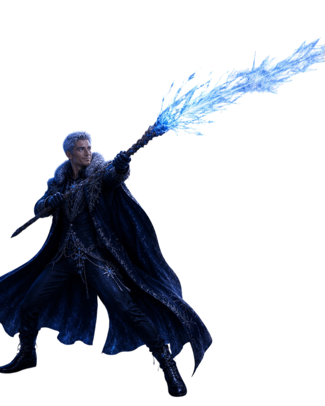 Man in dark blue winter coat casting ice magic from a staff with glowing blue ice shards.