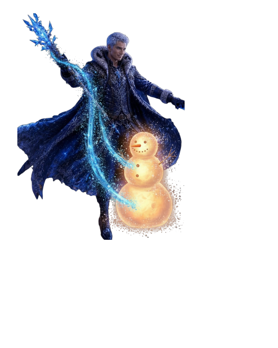 Man with white hair in blue coat casting blue magic to create a glowing snowman.