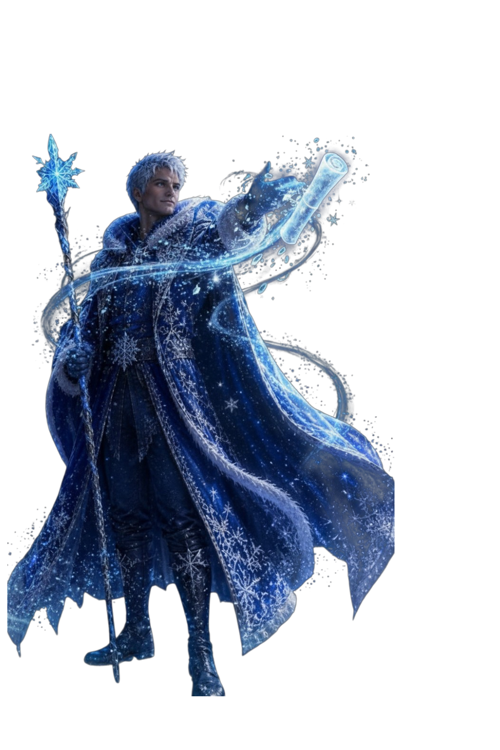 Man with silver hair in blue snowflake cloak holding icy staff and glowing scroll in black background.