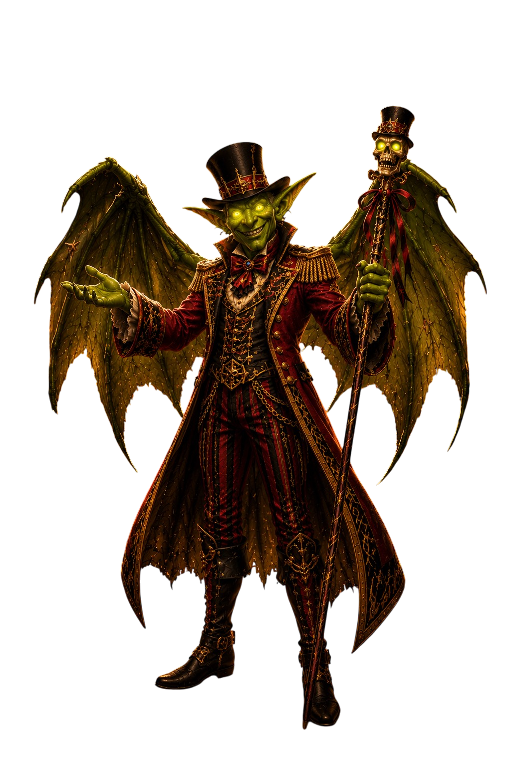 Green goblin with glowing eyes, bat wings, red Victorian suit, and a staff topped with a skull.