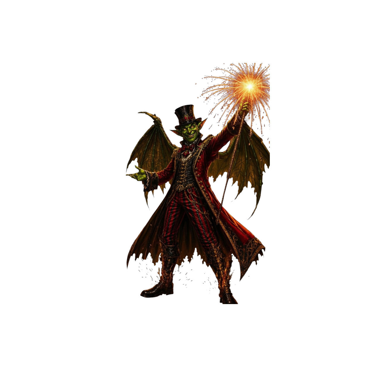 Green goblin with bat wings in a red coat holding a glowing wand with spark effects.