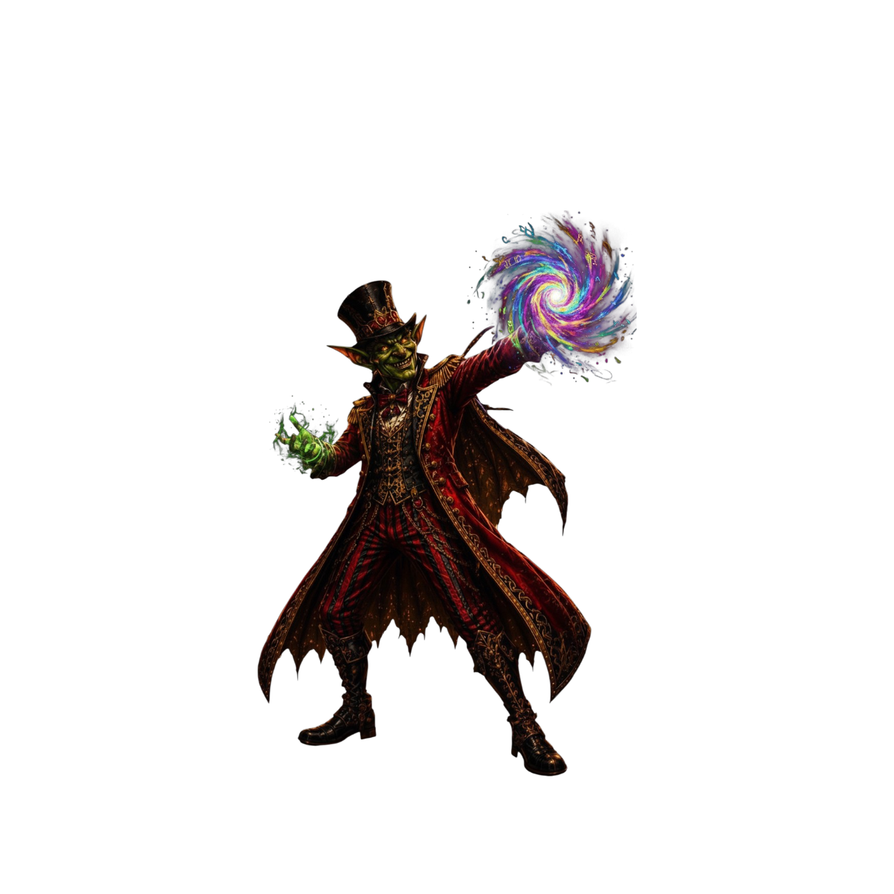 A green-skinned goblin in a red ornate coat and top hat casting colorful magical spells from both hands.