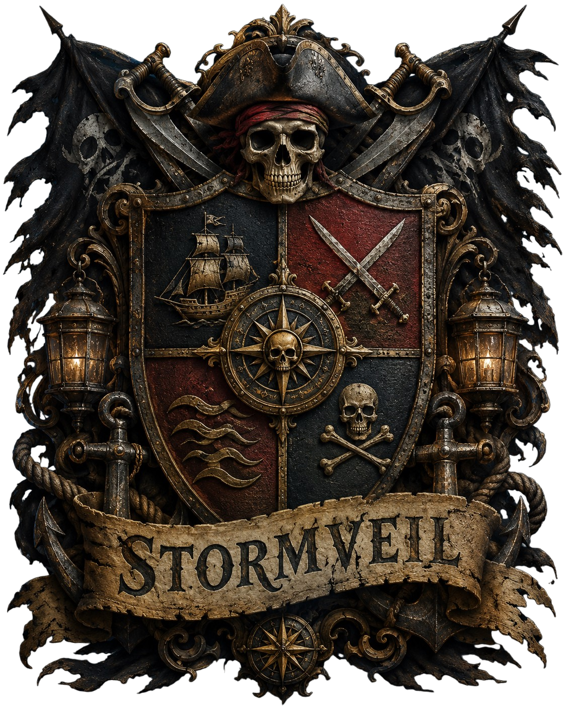 Stormveil coat of arms with skull, crossed swords, ship, waves, anchors, lanterns, and pirate flags.
