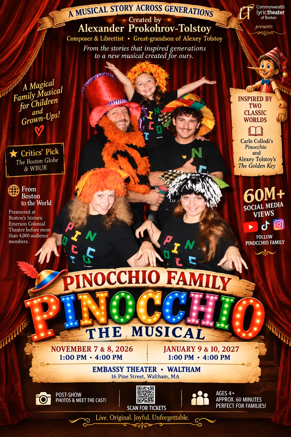 Poster for Pinocchio: The Musical — November 7 and 8, 2026 and January 9 and 10, 2027, 1:00 and 4:00 pm, Embassy Theater, 16 Pine Street, Waltham, MA. Ages 4+, approximately 60 minutes.