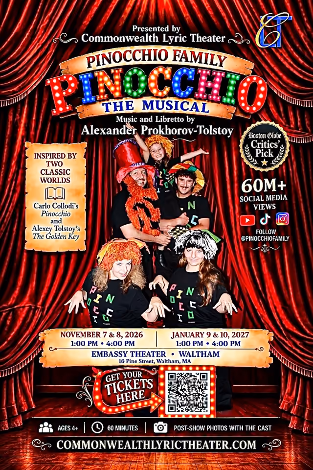 Poster for Pinocchio: The Musical by the Pinocchio Family cast — November 7 and 8, 2026 and January 9 and 10, 2027 at the Embassy Theater, Waltham.