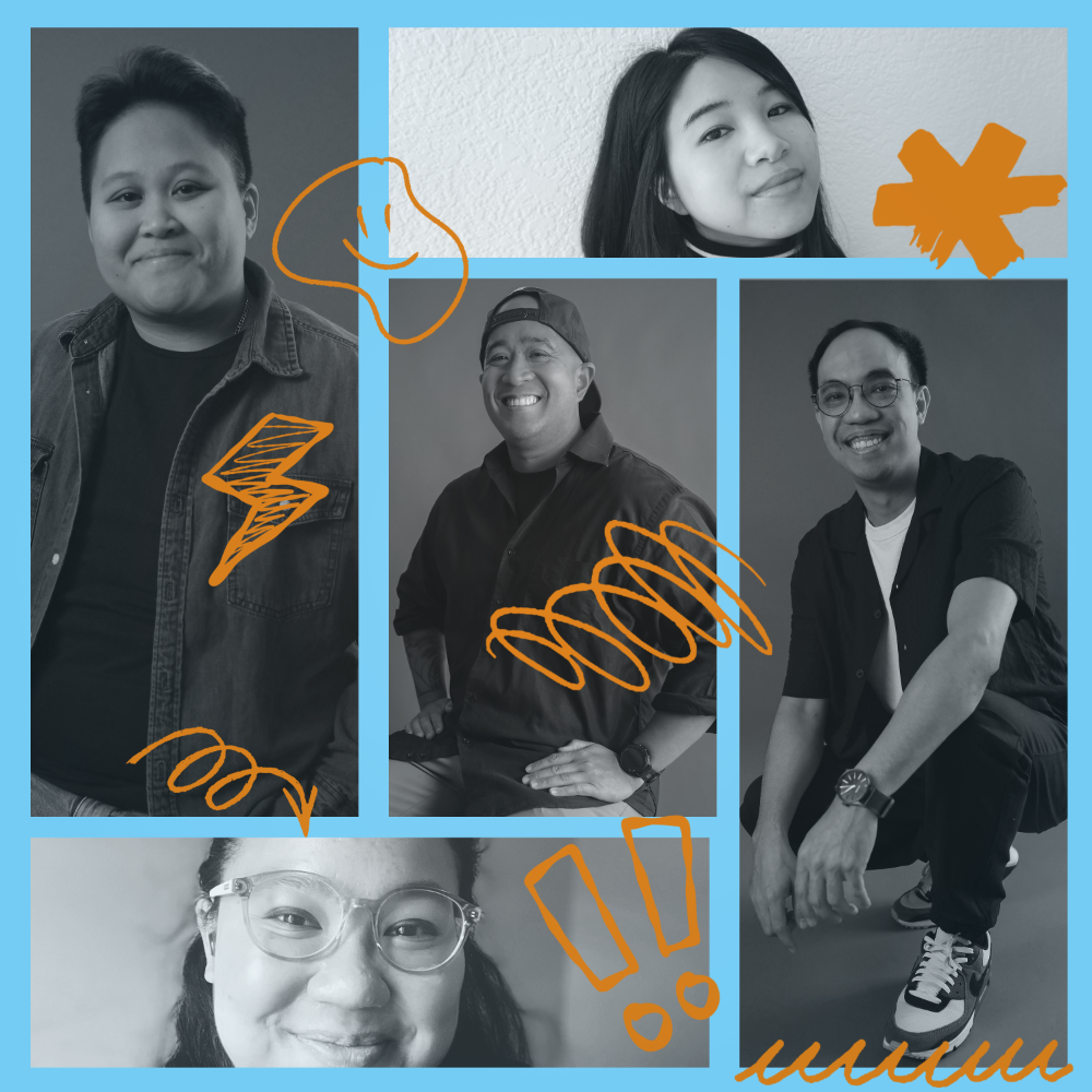 Collage of five smiling adults posing in casual attire, with orange doodles overlay on a blue background.