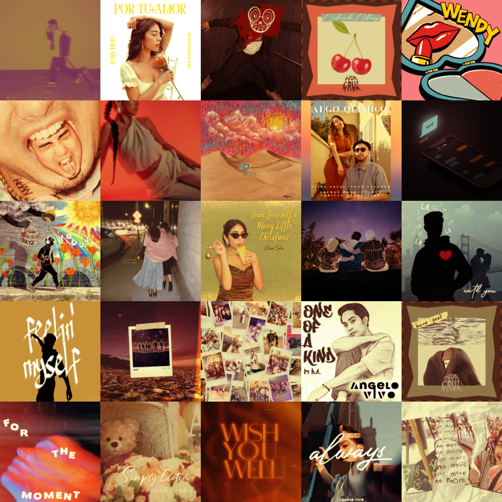 Collage of 25 colorful album or single covers arranged in a 5 by 5 grid, featuring portraits, illustrations, and graphic designs.