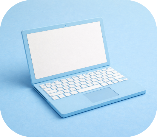 Light blue laptop with white keyboard and blank white screen on a light blue background.