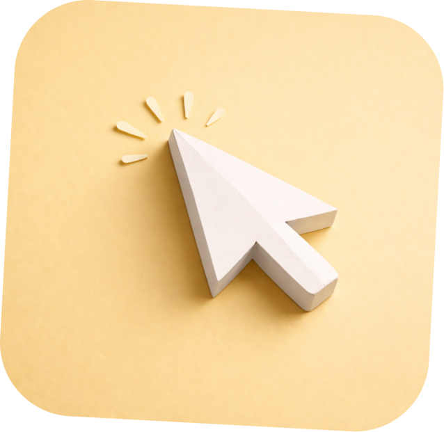 3D white computer cursor arrow icon casting shadow on a soft yellow background with small lines indicating a click action.