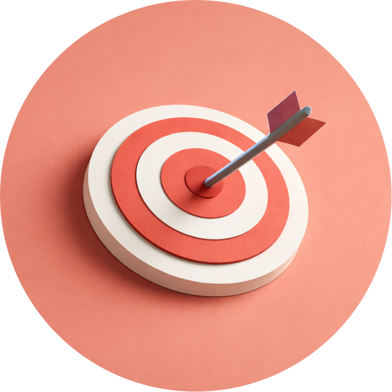 Red and white target with an arrow hitting the bullseye on a peach background.