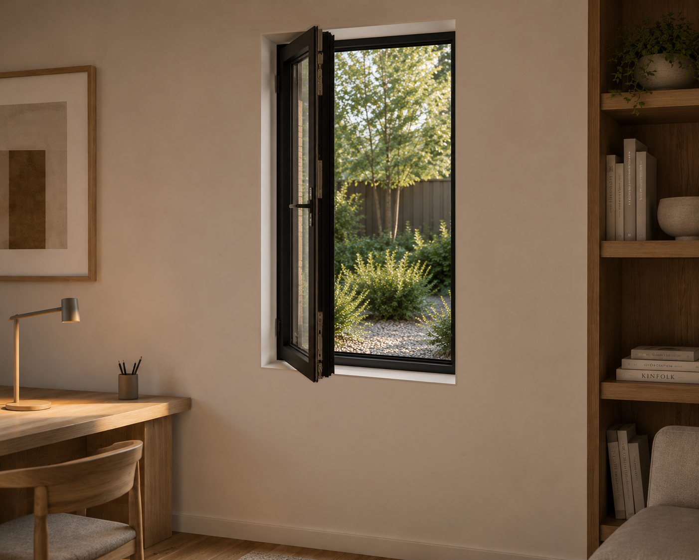 Open tilt-turn window overlooking a garden