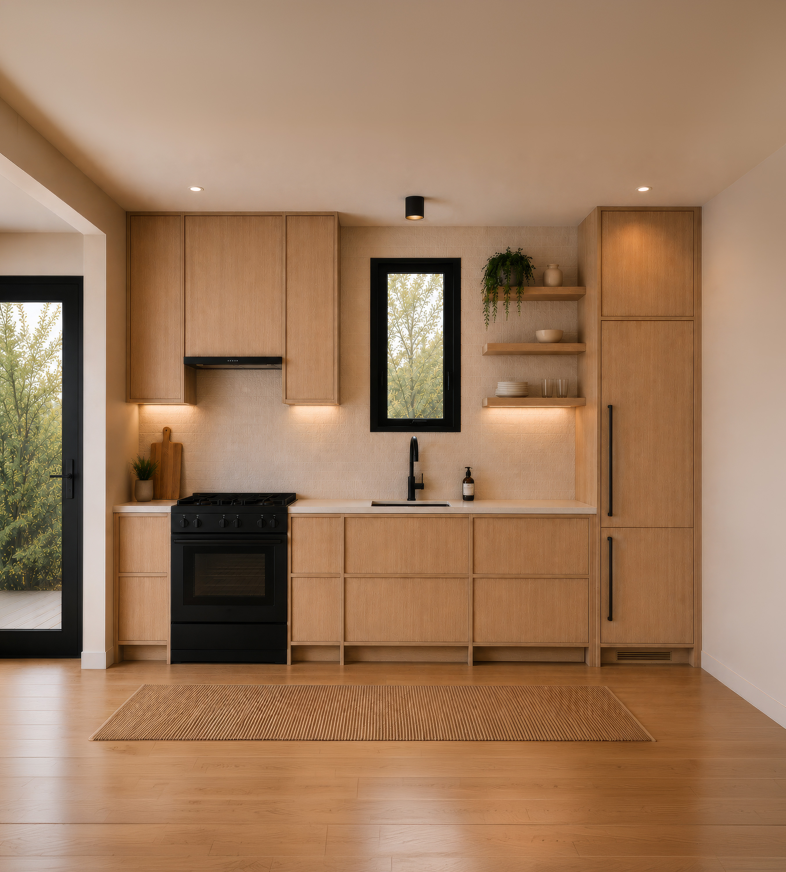 Warm oak kitchen interior with integrated cabinetry and a black-framed window