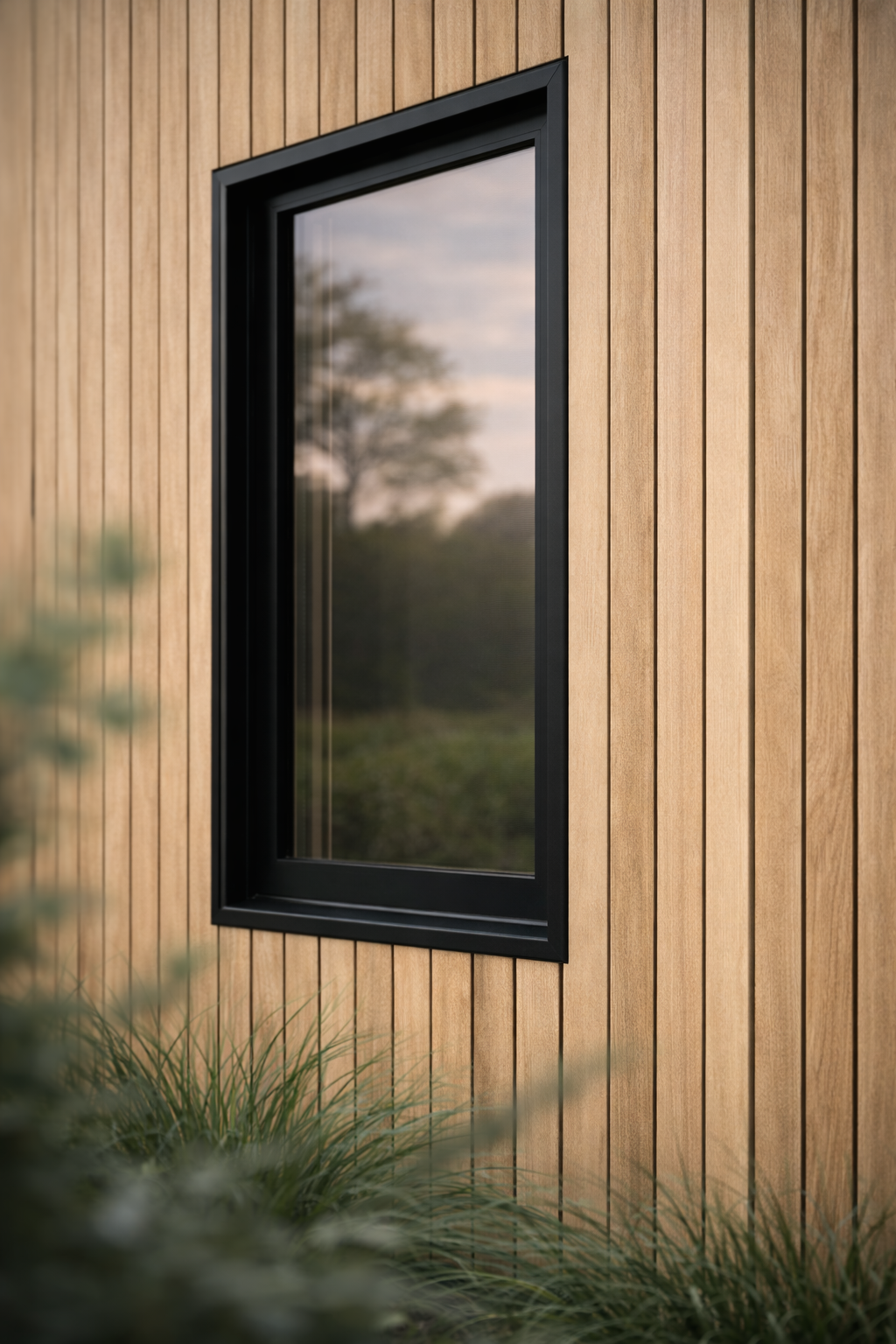 Close crop of Acre's dark-framed exterior windows and entry