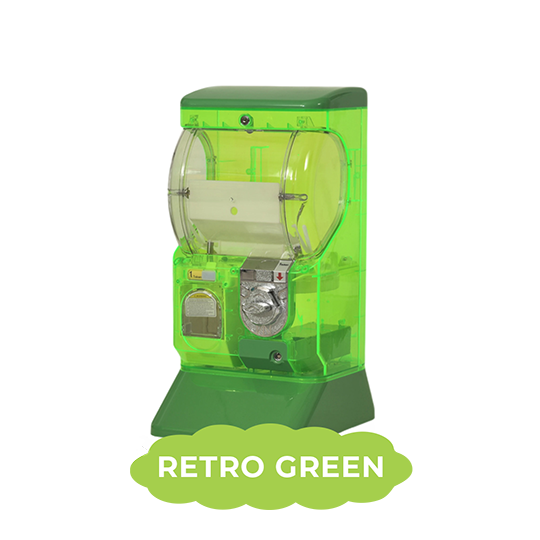 Retro clear vibrant green Japanese style Gachapon machine available for hire in Geelong