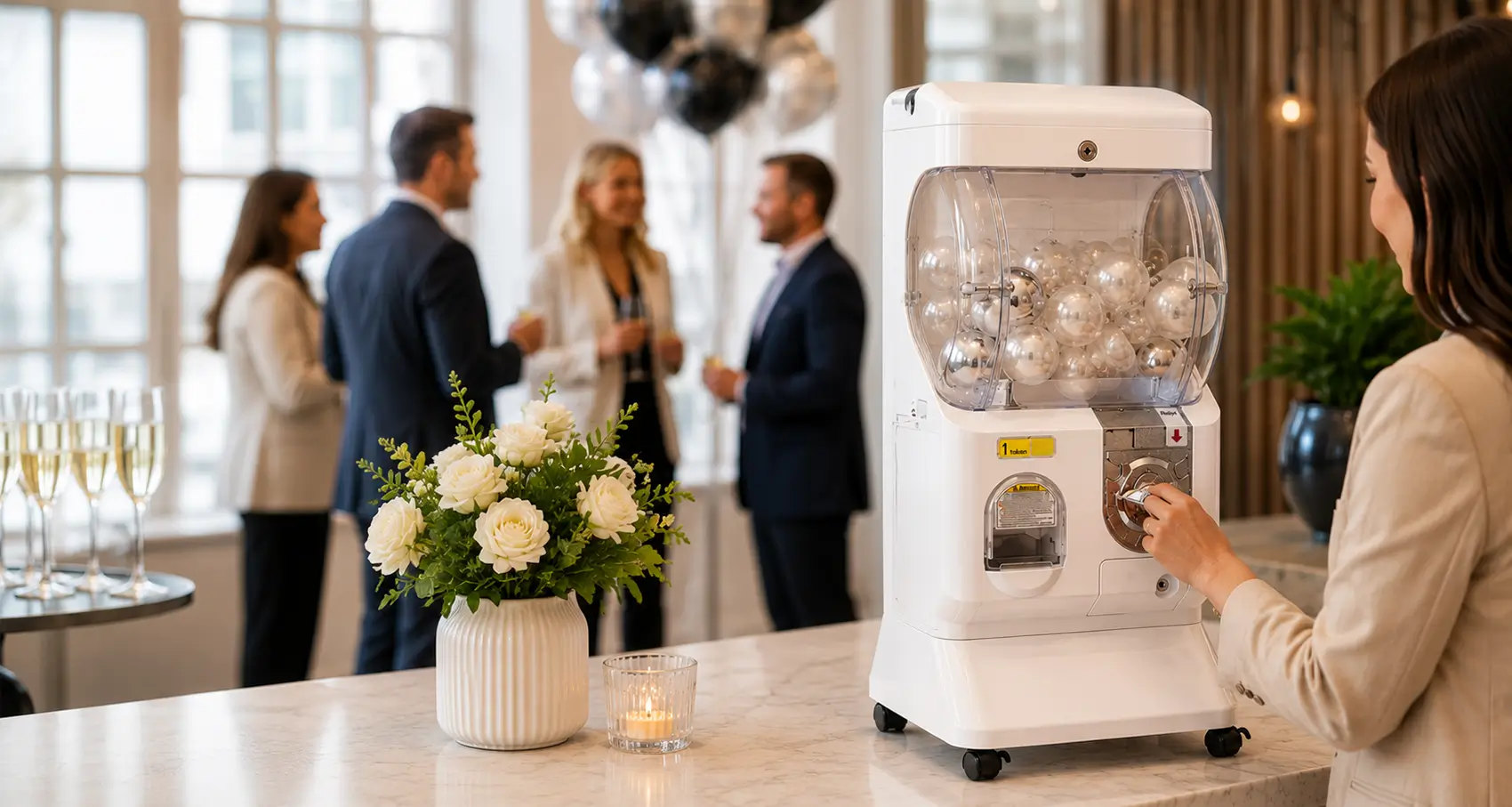 Professional women with dark hair twists the metal coin mechanism on a white Gachapon machine that has been hired for a corporate event