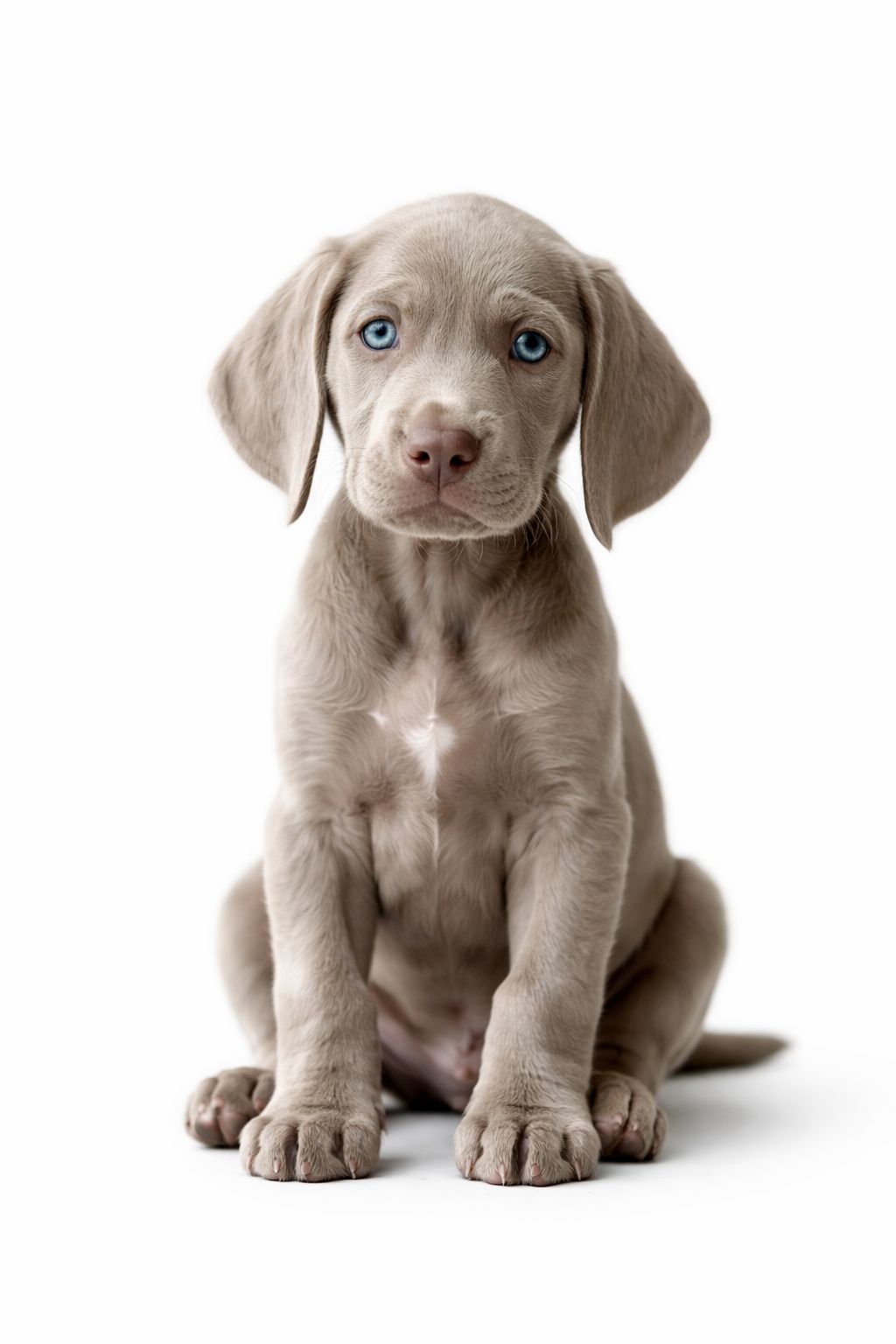 Light gray puppy with blue eyes sitting and looking forward on a white background.