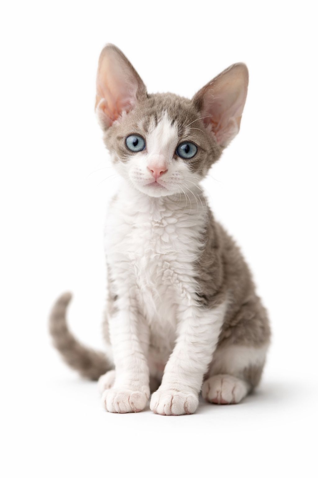 Curly fur kitten with blue eyes sitting and looking forward on a white background.