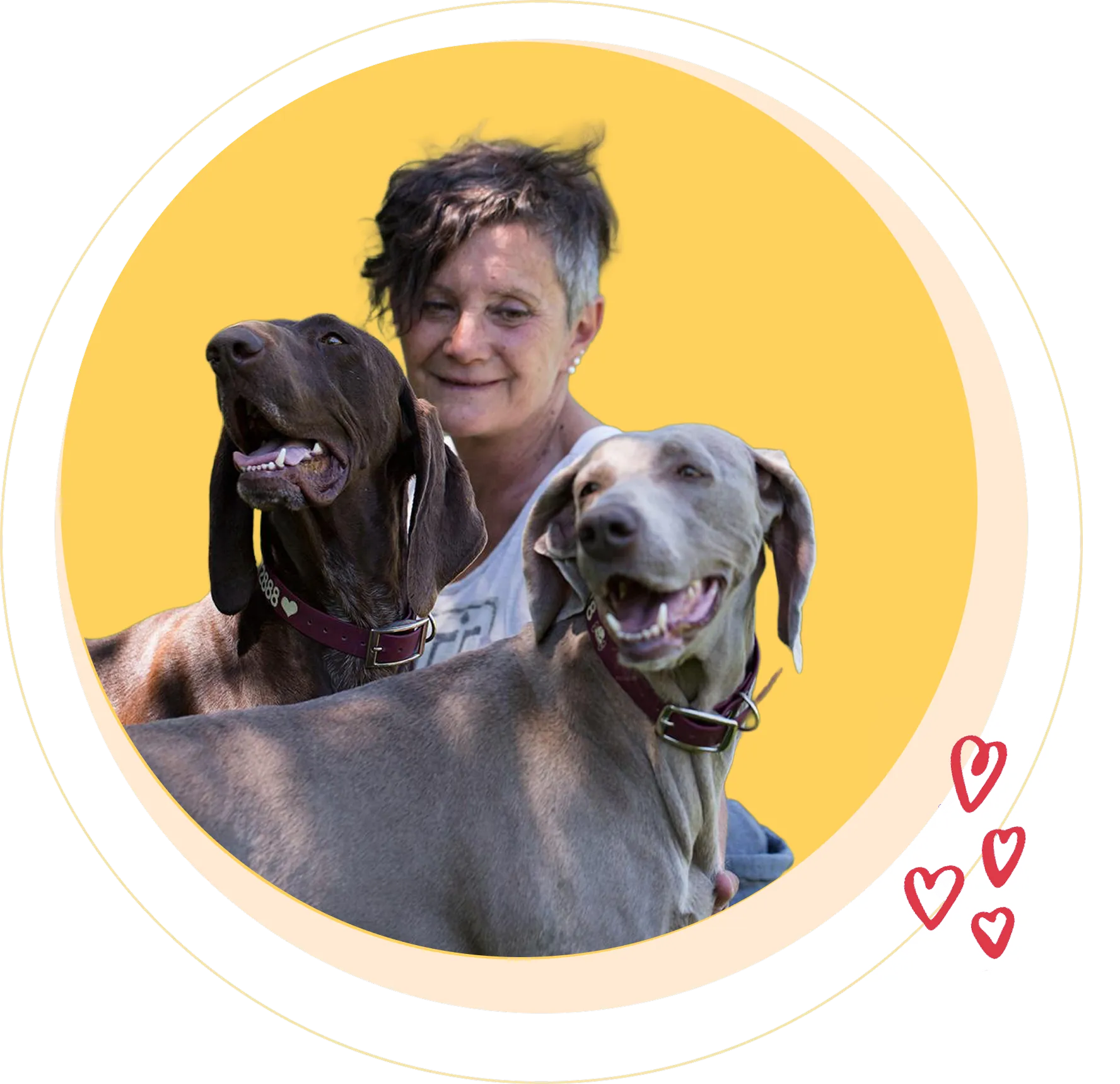 Person with short curly hair smiling behind two happy dogs wearing collars in a yellow circular frame with red heart doodles.