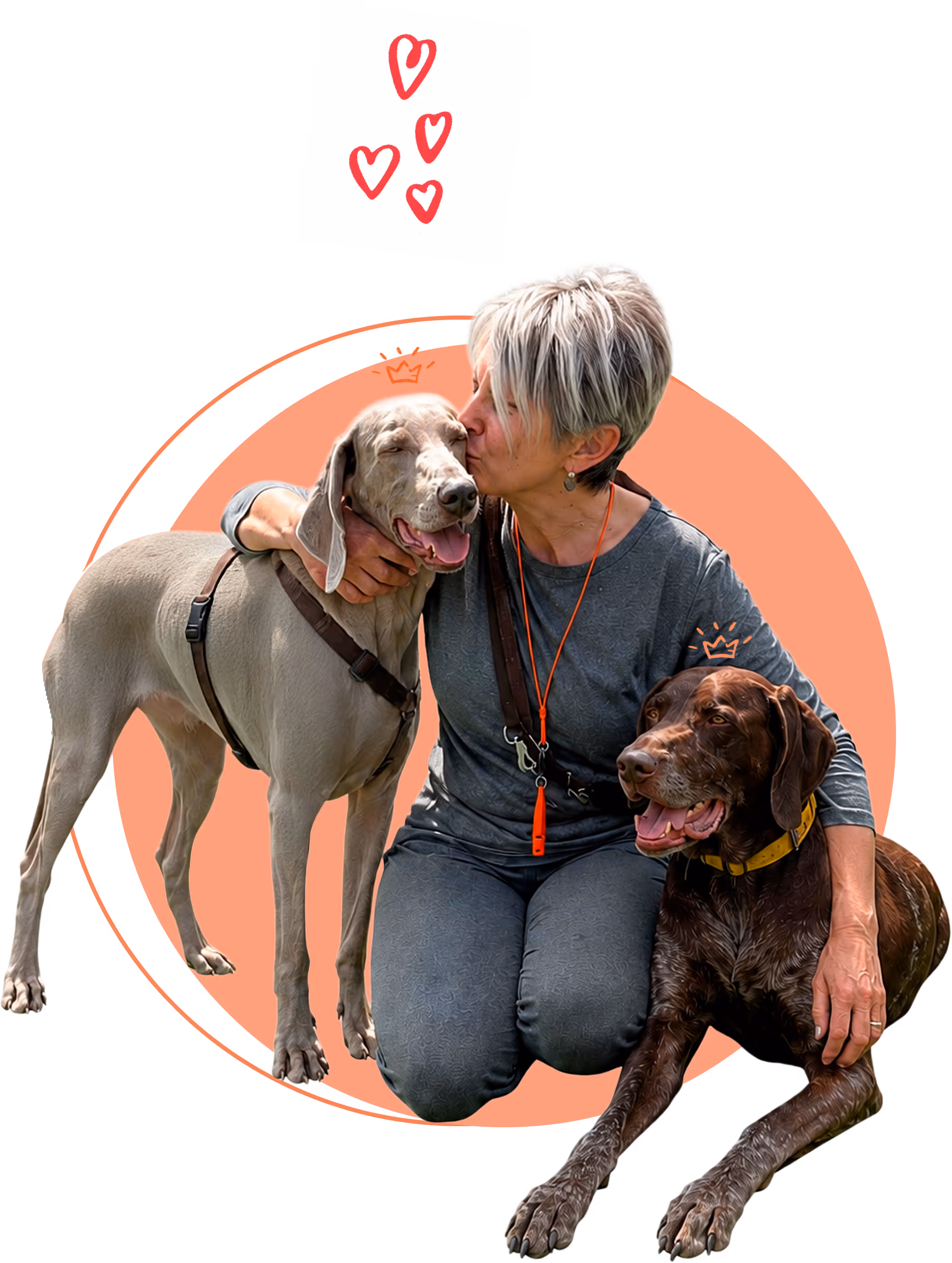 Smiling woman crouching with two large gray dogs wearing orange collars, surrounded by red heart doodles and a crown above one dog's head.