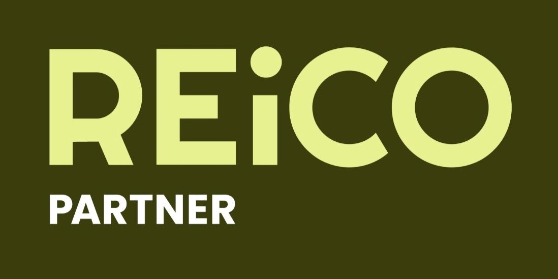 Logo with the text REiCO in large light green letters and PARTNER in smaller white letters below on a dark olive background.