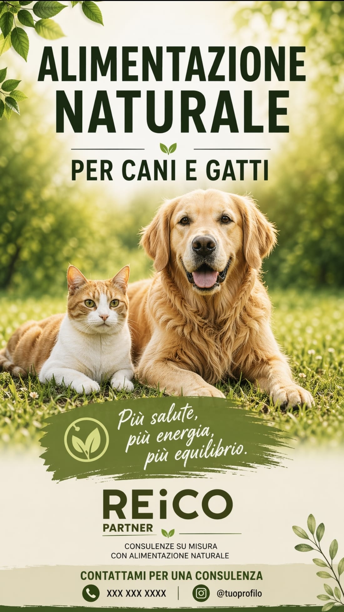 Golden retriever dog and orange-and-white cat lying on green grass under trees with text promoting natural food for dogs and cats by REiCO Partner.