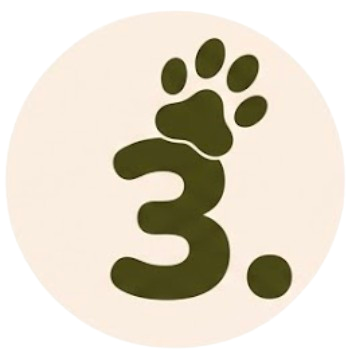 Number three with a paw print integrated above it and a period, in dark olive green on a light beige background.