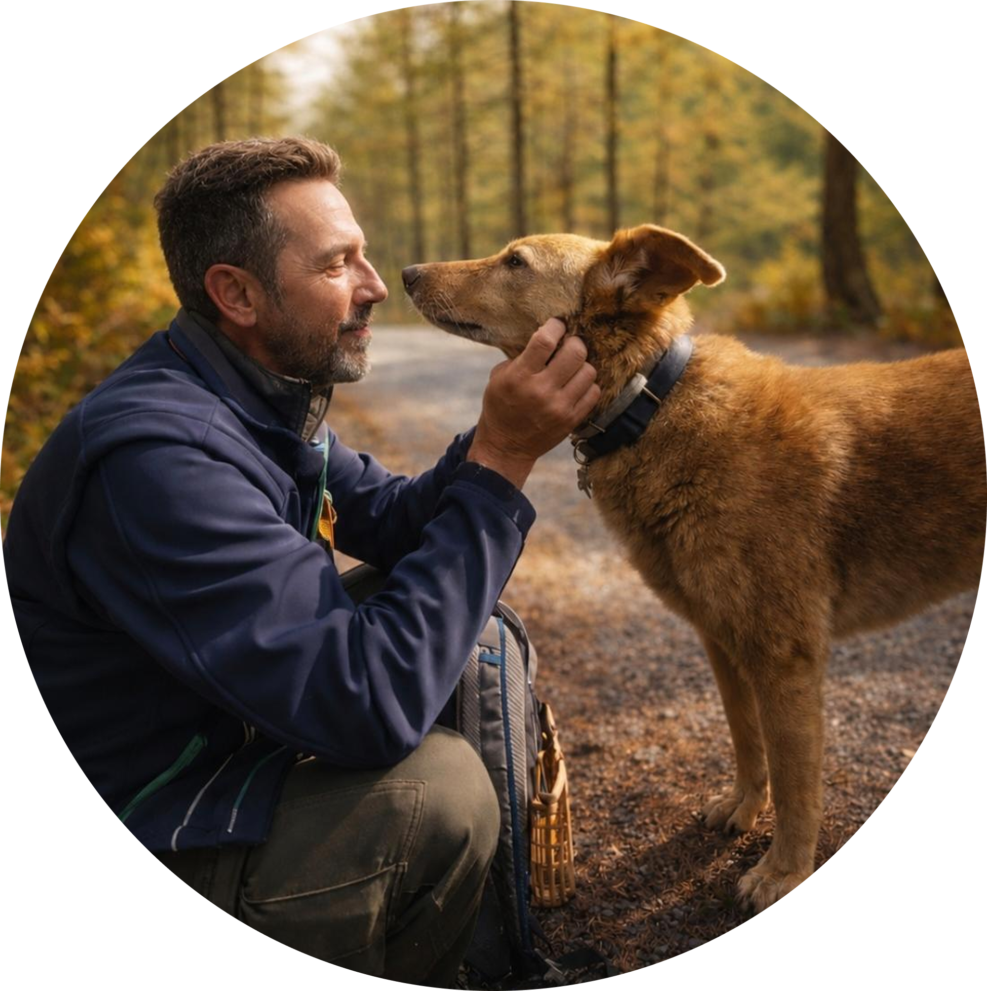 Man kneeling on forest path gently holding and looking at a brown dog standing in front of him.