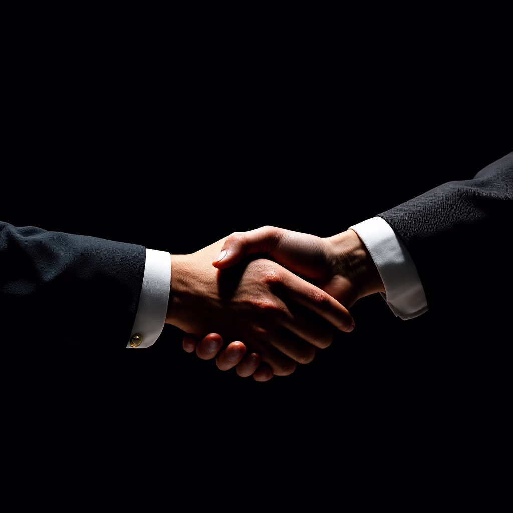 [headshot] image of satisfied customer shaking hands with company representative (for a fintech company).