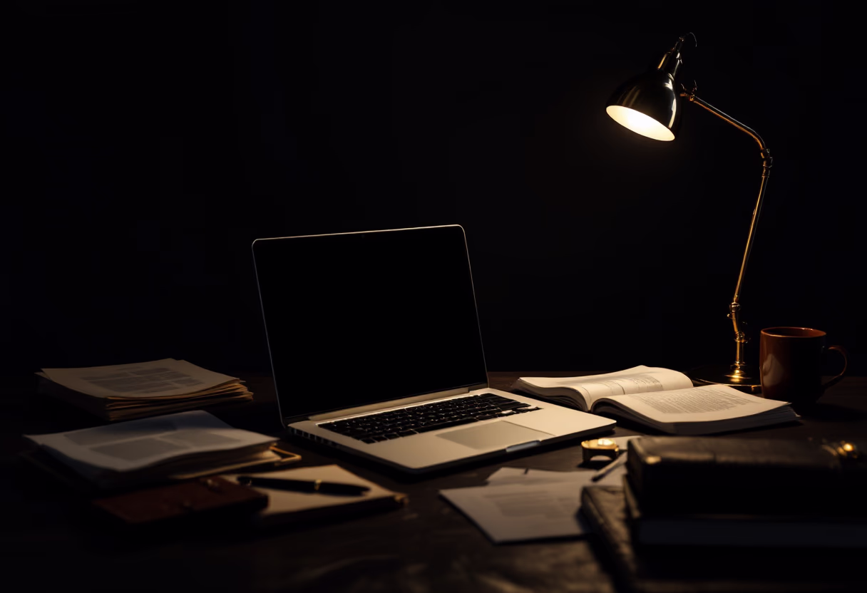 [background image] image of a work desk with a laptop and documents (for a ai legal tech company)
