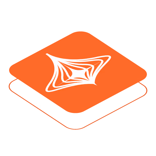 Orange tilted square with white abstract geometric design above an outlined tilted square.