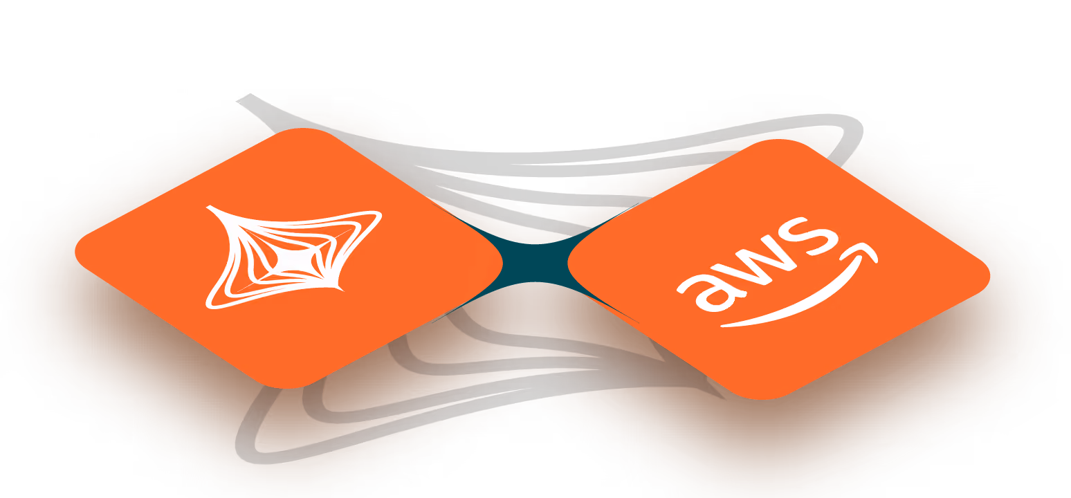 Two connected orange diamonds with AWS and a web service abstract icon on each, linked by black curved lines.