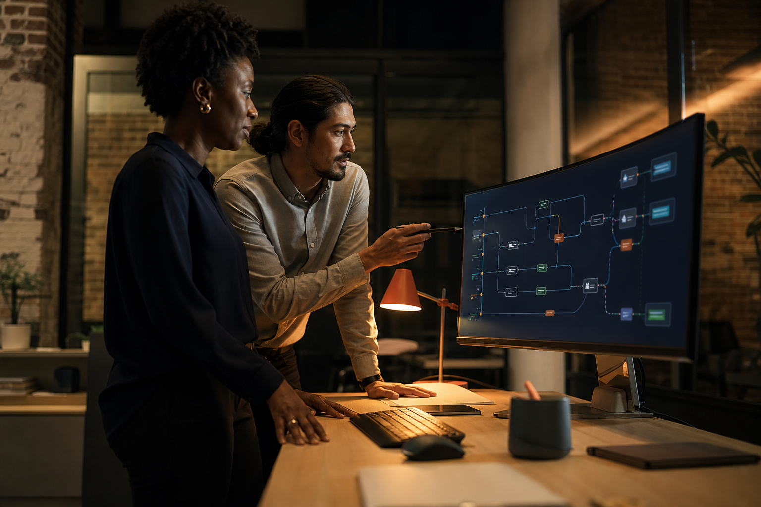 Two people reviewing an operations workflow on a wide monitor