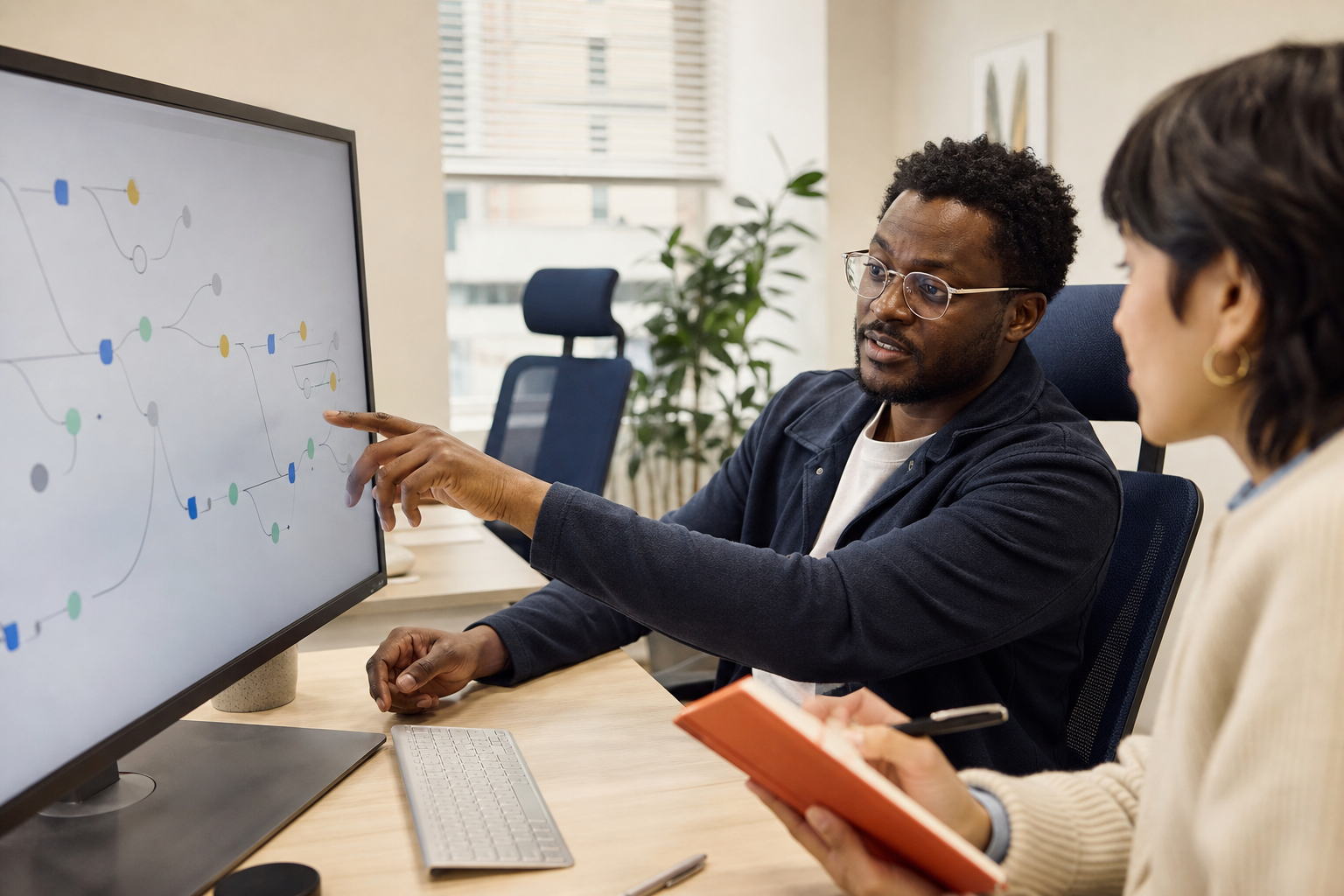 Two people reviewing an operations workflow on a wide monitor