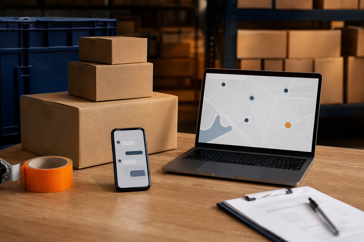 A shipping desk with boxes, a laptop map, and a phone