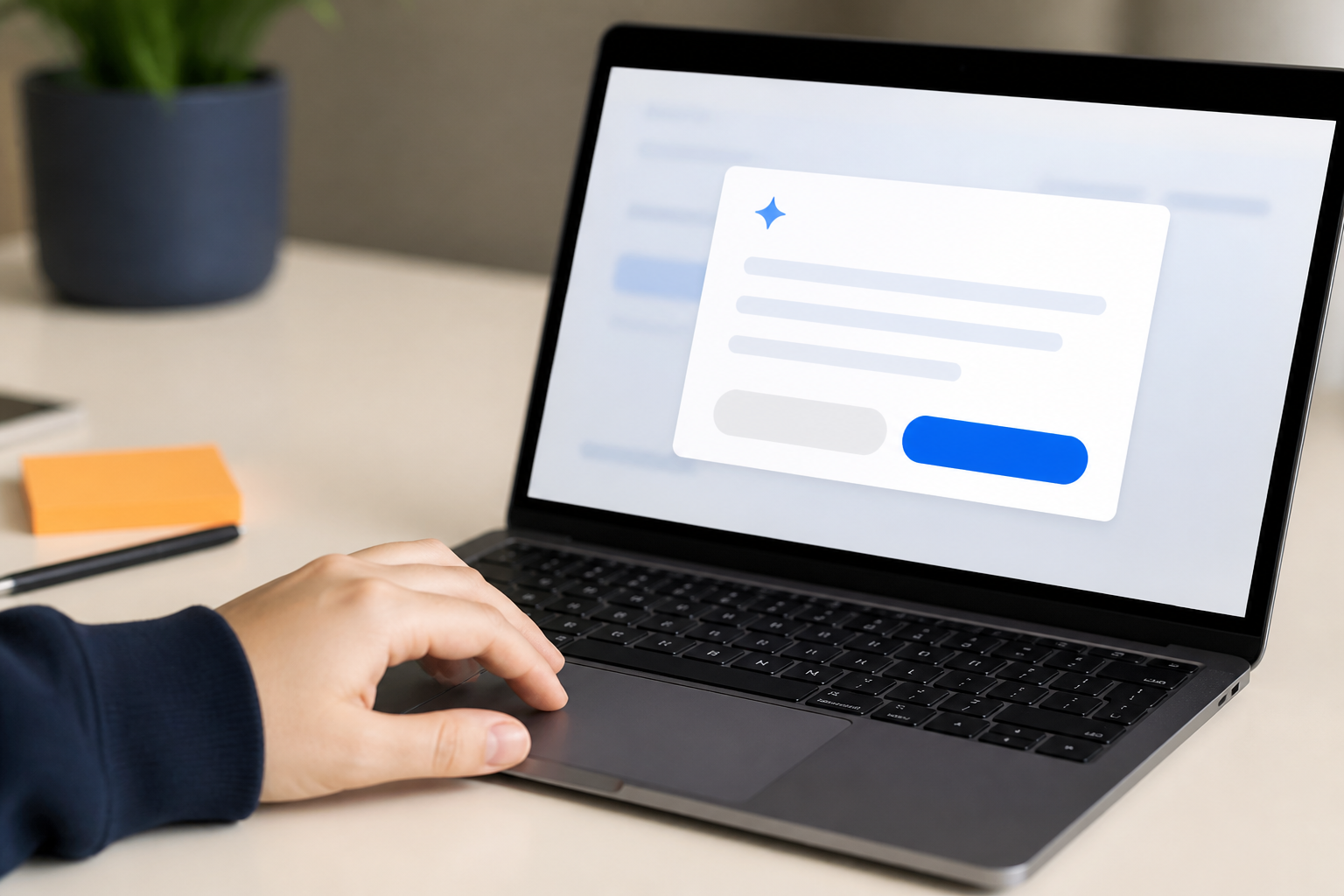 A laptop showing a suggestion card ready to accept or edit