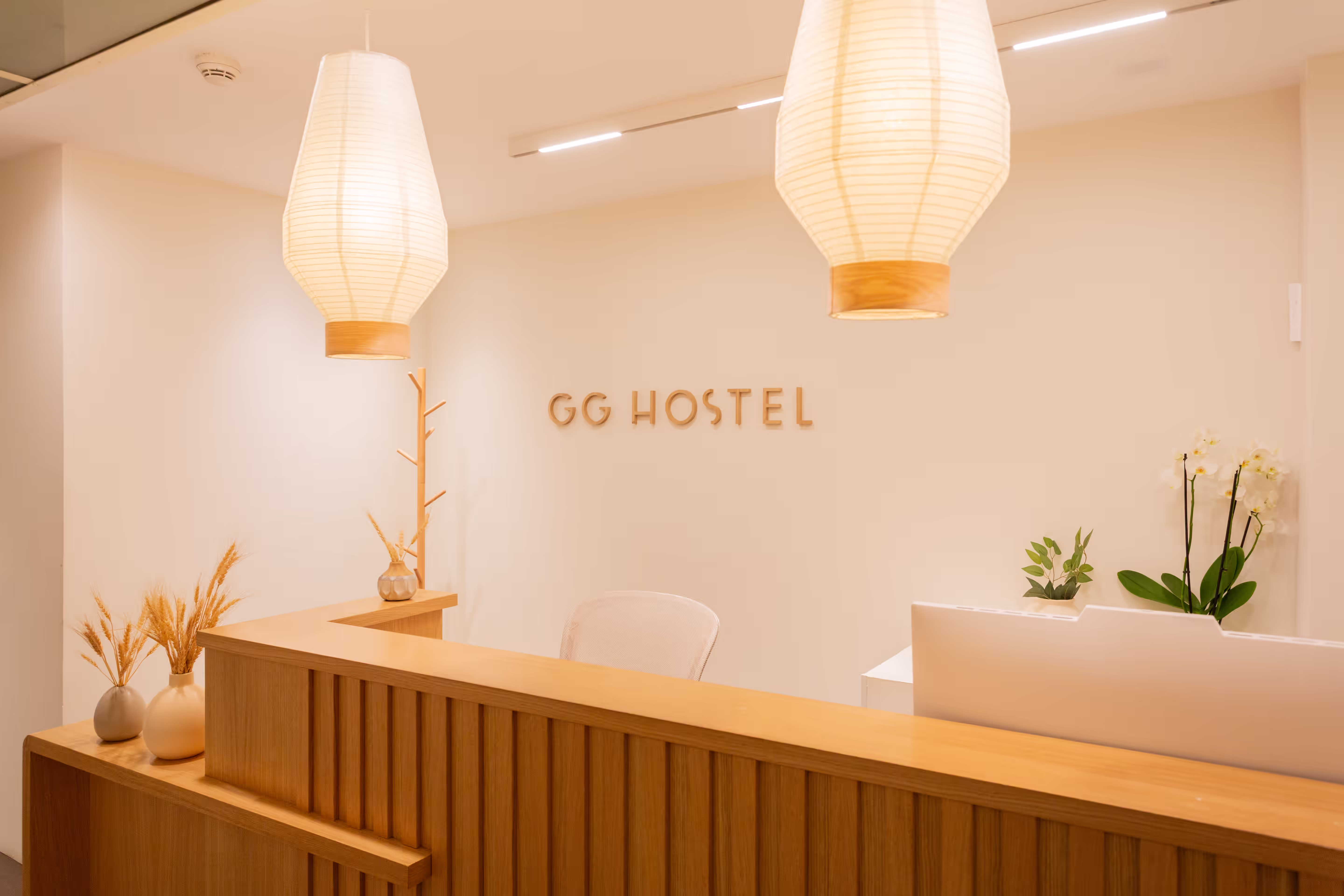 Reception desk with pendant lights, plants, and GG HOSTEL sign on the white wall behind it.