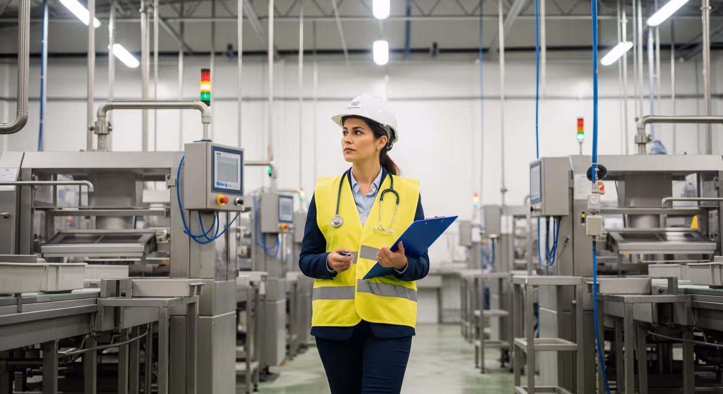 Betriebsarzt bei der Arbeitsplatzbegehung in einem Produktionsbetrieb