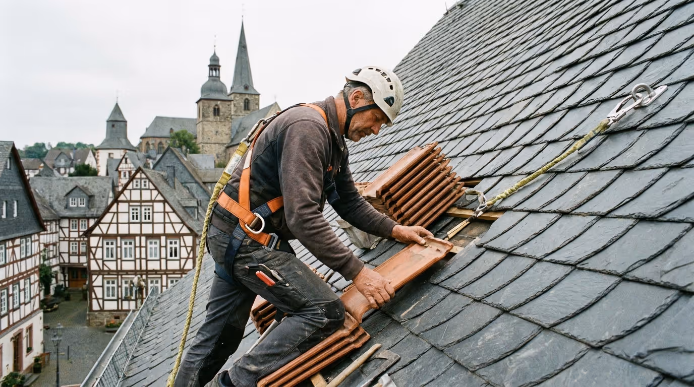 Dachdecker mit Auffanggurt auf Steildach