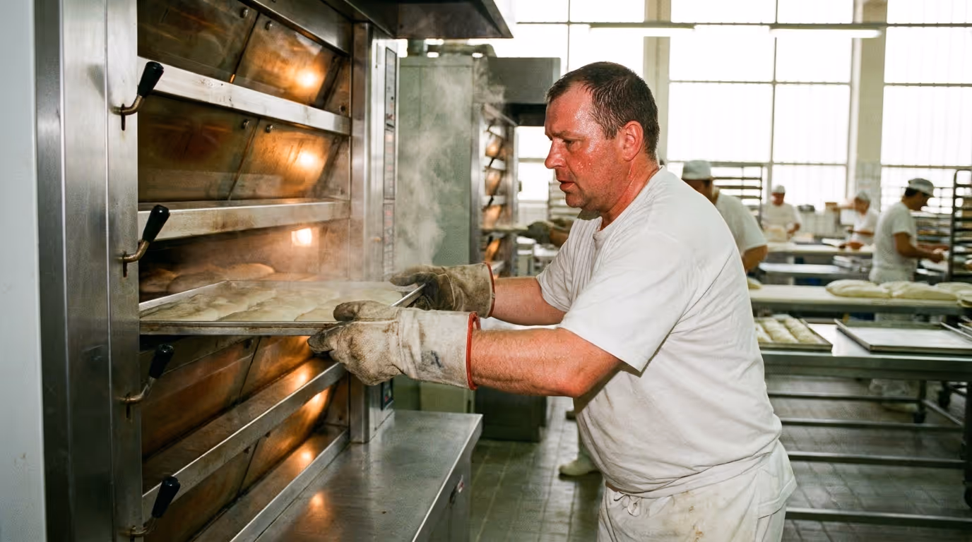 Bäcker schiebt Backbleche in Etagenbackofen einer Großbäckerei