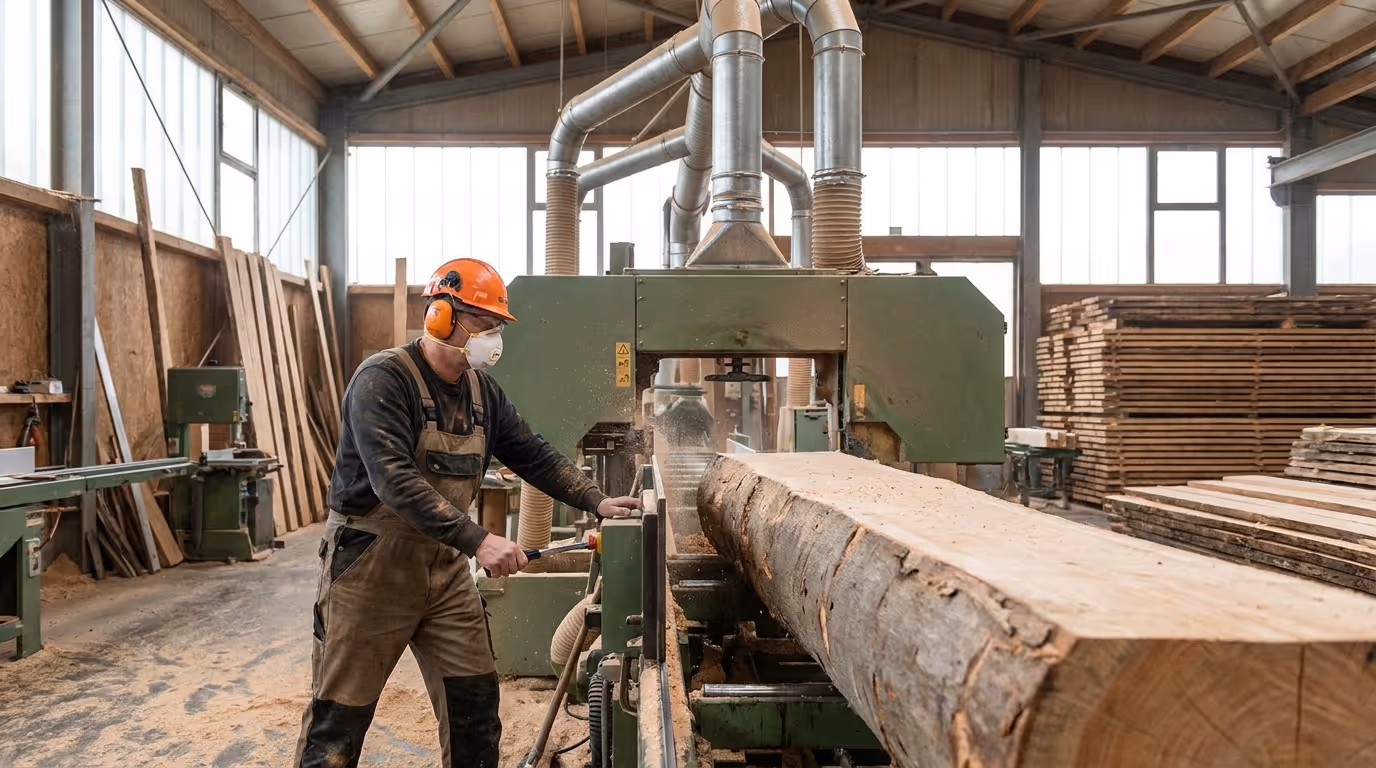 Industrielles Sägewerk mit großer Bandsäge zur Buchenholzbearbeitung mit Absauganlage