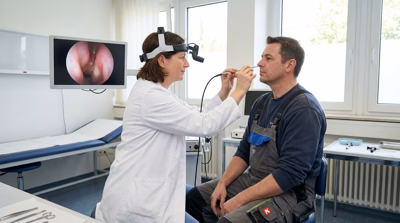 HNO-Ärztin bei der endoskopischen Inspektion der Nasenhöhle eines Patienten mit flexiblem Endoskop in einer arbeitsmedizinischen Praxis