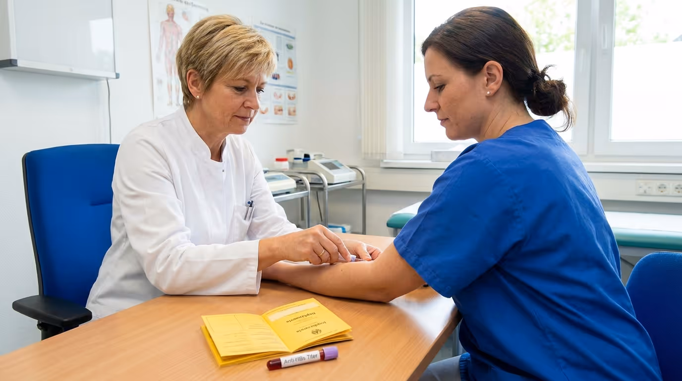 Betriebsärztin zieht Blut für Hepatitis-B-Anti-HBs-Titer-Bestimmung