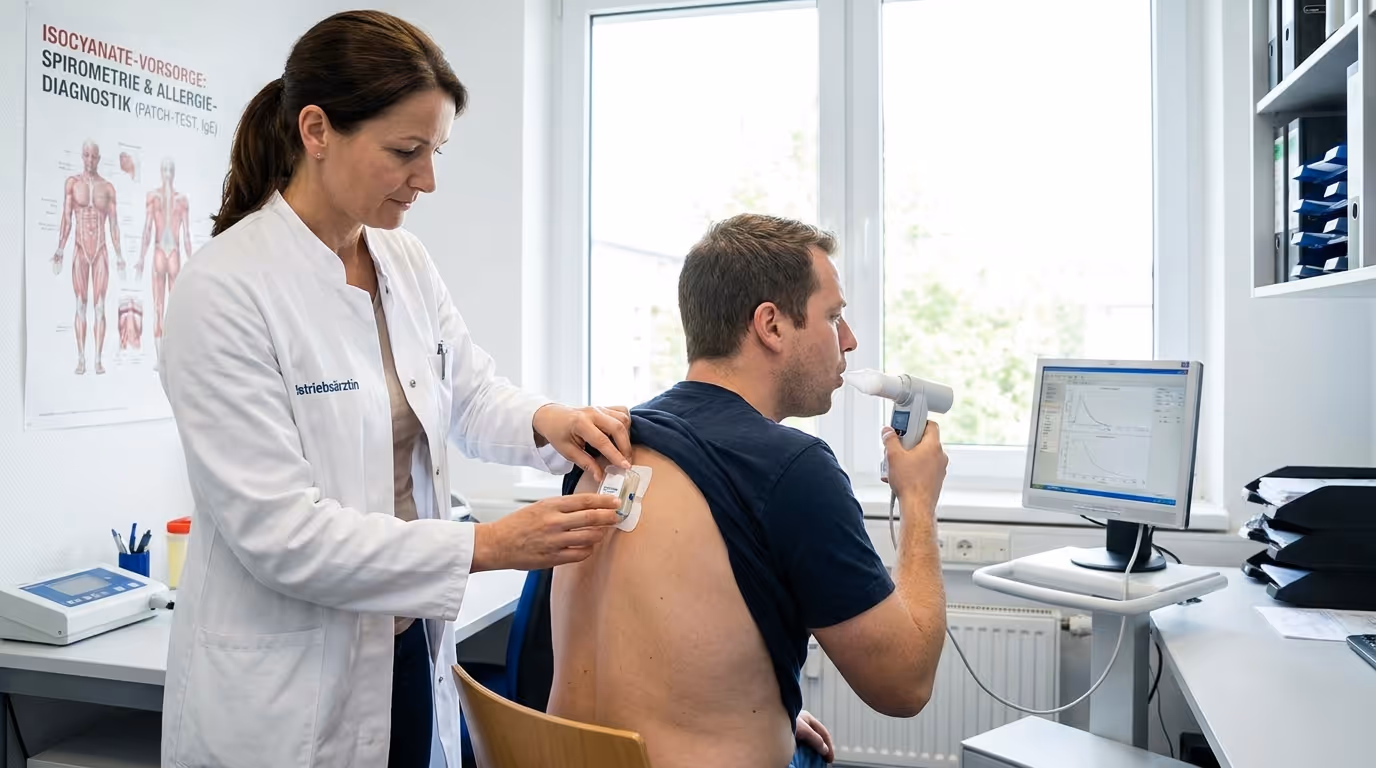 Betriebsärztin führt Spirometrie und Allergie-Diagnostik mit Patch-Test bei einem Polyurethan-Mitarbeiter durch