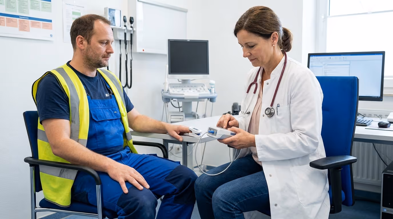 Betriebsärztin führt CO-Hb-Bestimmung mittels CO-Oxymeter und Pulsoxymetrie durch