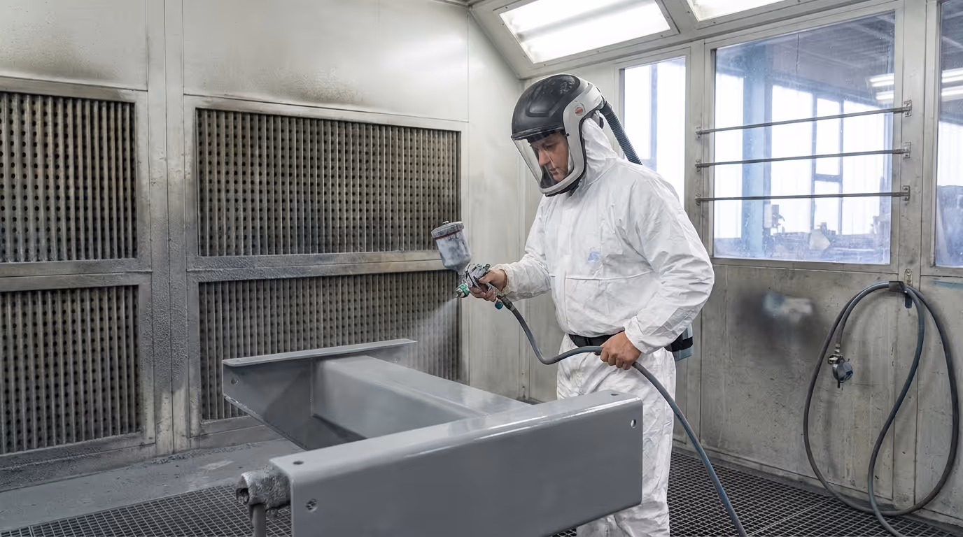 Industrielackierer in weißem Maleranzug mit Frischluft-Helm beim Aufbringen eines 2K-Lacks in einer abgesaugten Lackierkabine
